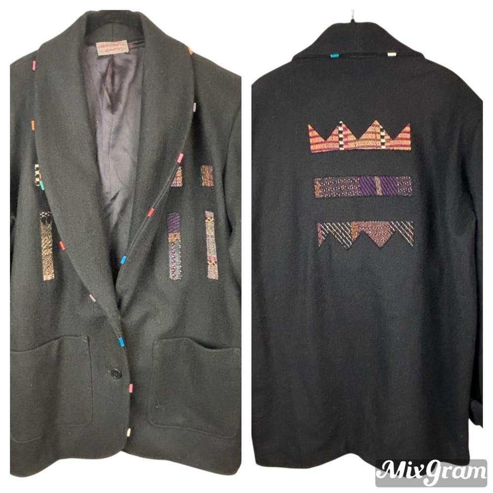Vtg DEBORAH CROSS Textile Artist Embroidered Patchwork Wool Coat Black‎ One Size